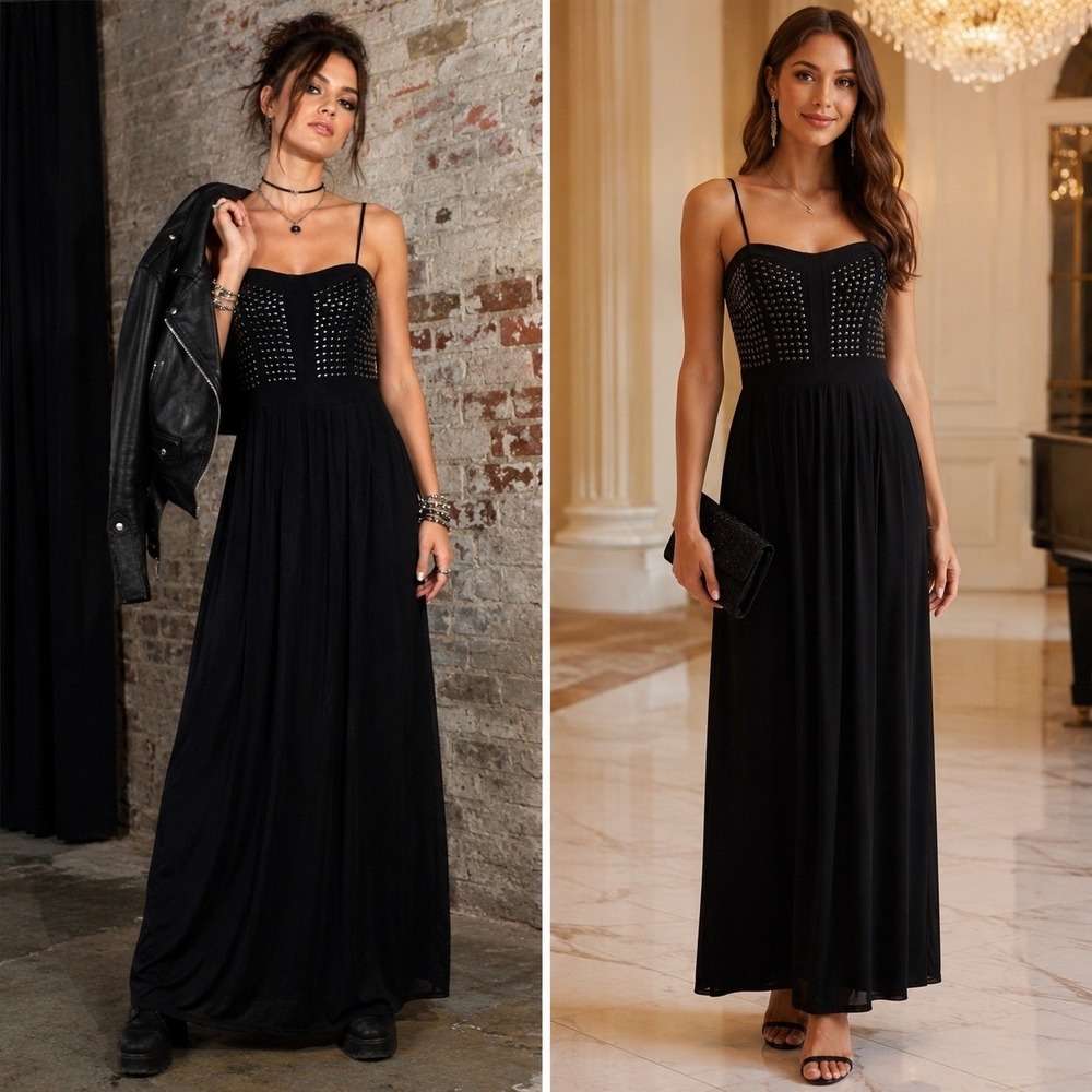 Hailey Adrianna Papell Black Studded Sweetheart Maxi Dress Evening Gown Size‎ 4